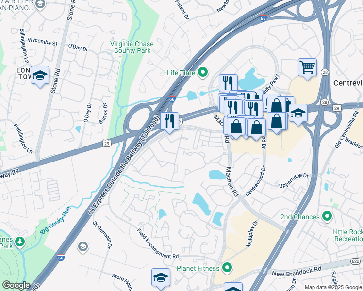 map of restaurants, bars, coffee shops, grocery stores, and more near 14380 Avocado Court in Centreville