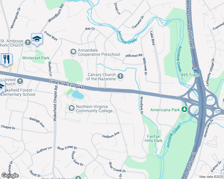 map of restaurants, bars, coffee shops, grocery stores, and more near Little River Turnpike & Duncan Drive in Annandale