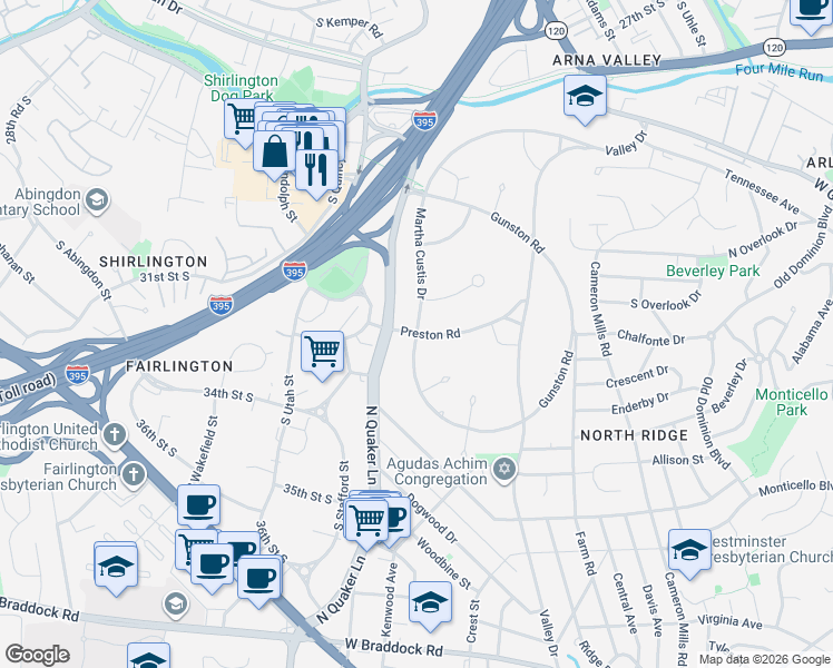 map of restaurants, bars, coffee shops, grocery stores, and more near Martha Custis Dr & Preston Rd in Alexandria