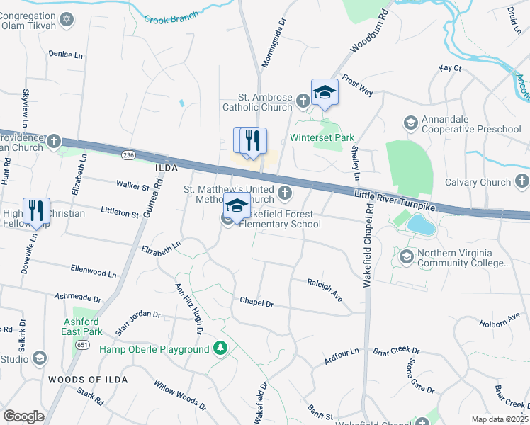 map of restaurants, bars, coffee shops, grocery stores, and more near 8611 Virginia Avenue in Annandale