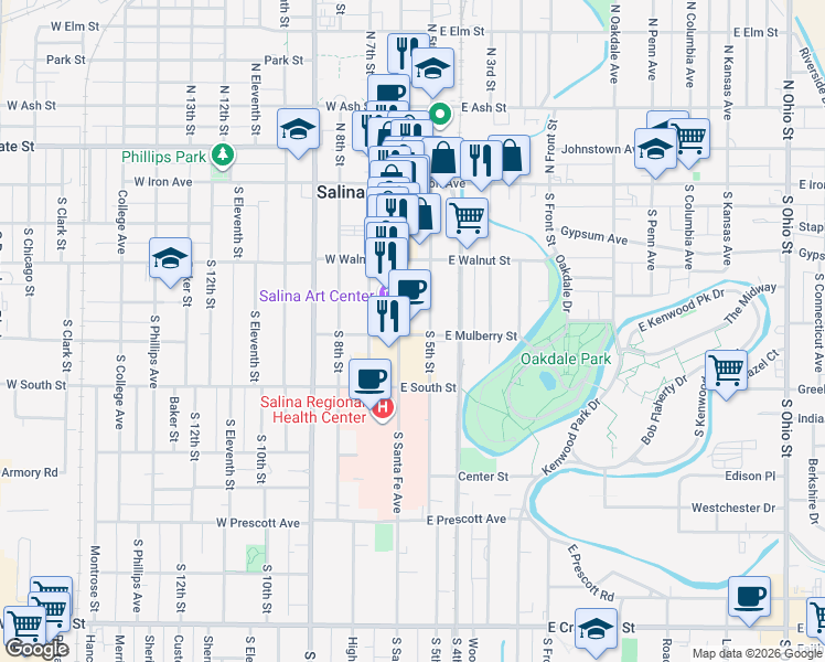 map of restaurants, bars, coffee shops, grocery stores, and more near 105 East Mulberry Street in Salina