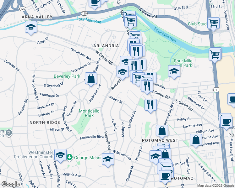 map of restaurants, bars, coffee shops, grocery stores, and more near 3404 Holly Street in Alexandria