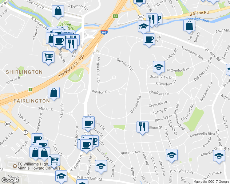 map of restaurants, bars, coffee shops, grocery stores, and more near 1618 Preston Road in Alexandria