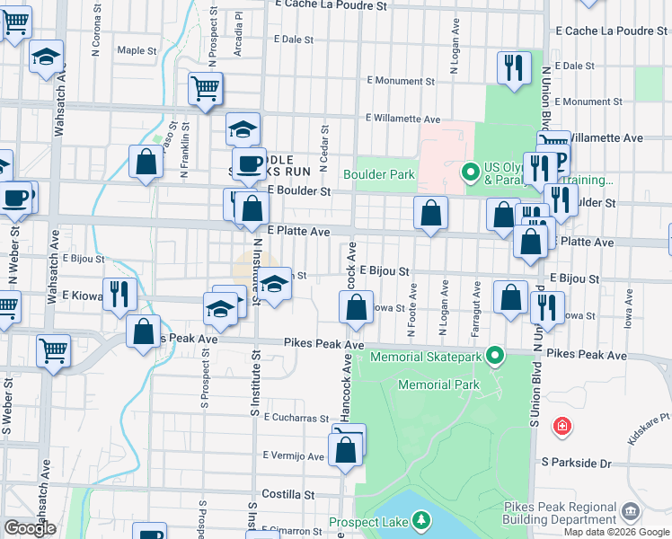 map of restaurants, bars, coffee shops, grocery stores, and more near 214 Willow Street in Colorado Springs
