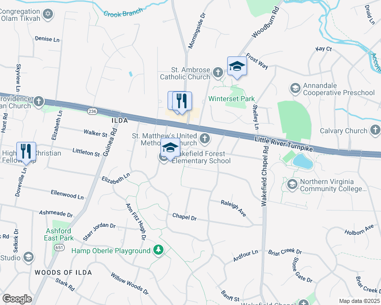 map of restaurants, bars, coffee shops, grocery stores, and more near 8611 Virginia Avenue in Annandale