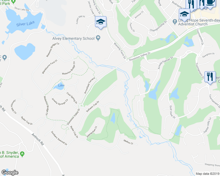 map of restaurants, bars, coffee shops, grocery stores, and more near 5632 Solheim Cup Drive in Haymarket