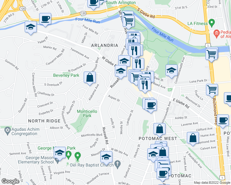 map of restaurants, bars, coffee shops, grocery stores, and more near 3404 Holly Street in Alexandria