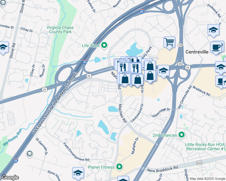 map of restaurants, bars, coffee shops, grocery stores, and more near 14259 Woven Willow Lane in Centreville
