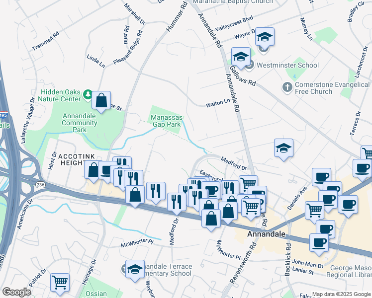 map of restaurants, bars, coffee shops, grocery stores, and more near 4101 Wadsworth Court in Annandale