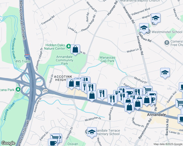 map of restaurants, bars, coffee shops, grocery stores, and more near 4005 Rainbow Glen Court in Annandale