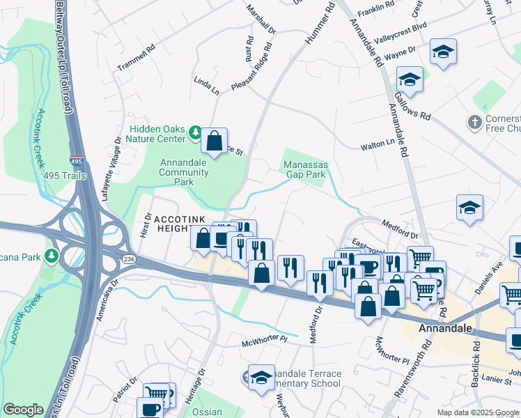 map of restaurants, bars, coffee shops, grocery stores, and more near 4005 Rainbow Glen Court in Annandale