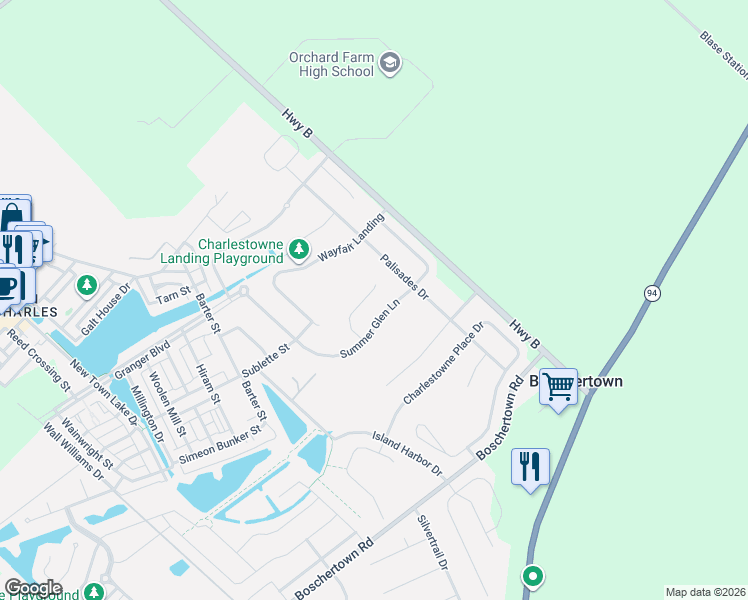 map of restaurants, bars, coffee shops, grocery stores, and more near 2664 Highway B in Saint Charles