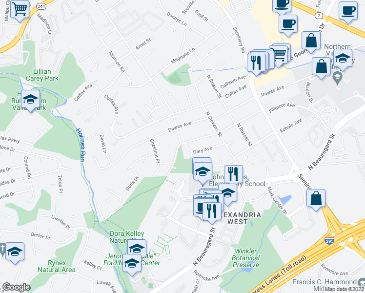 map of restaurants, bars, coffee shops, grocery stores, and more near 5654 Gary Avenue in Alexandria