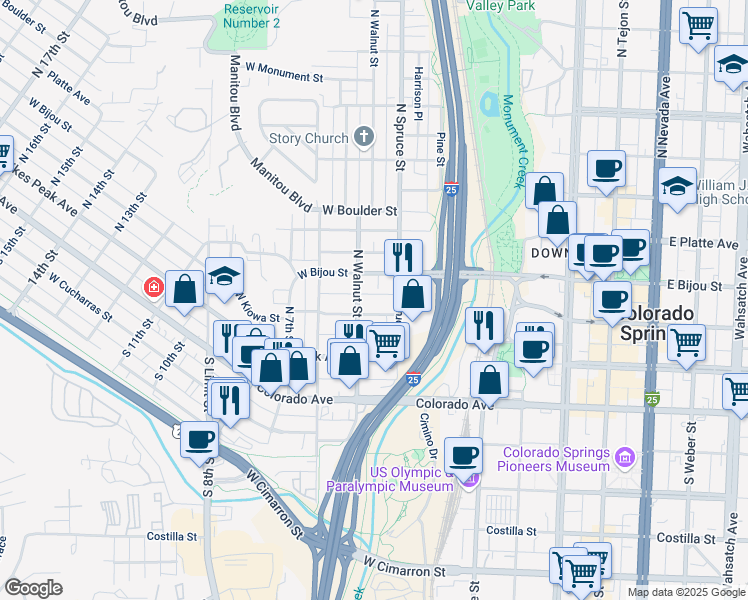 map of restaurants, bars, coffee shops, grocery stores, and more near 419 West Bijou Street in Colorado Springs
