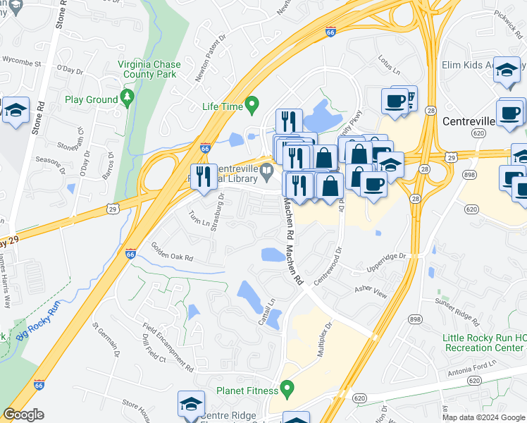 map of restaurants, bars, coffee shops, grocery stores, and more near 14273 Woven Willow Lane in Centreville