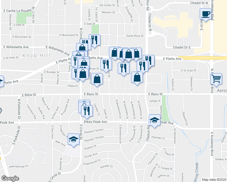 map of restaurants, bars, coffee shops, grocery stores, and more near 304 Arrawanna Street in Colorado Springs