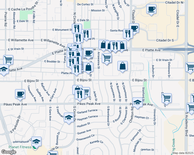 map of restaurants, bars, coffee shops, grocery stores, and more near 304 Arrawanna Street in Colorado Springs
