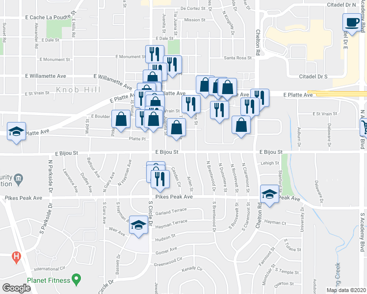 map of restaurants, bars, coffee shops, grocery stores, and more near 304 Tia Juana Street in Colorado Springs