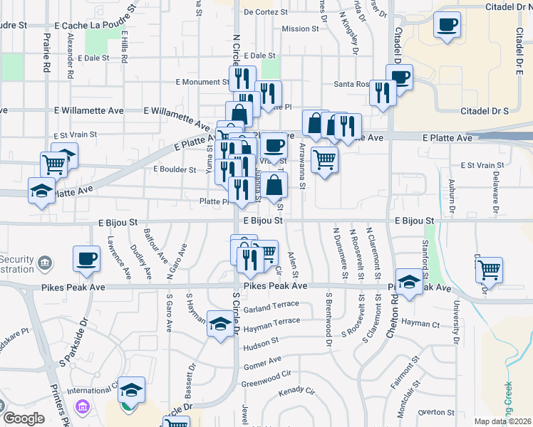 map of restaurants, bars, coffee shops, grocery stores, and more near 304 Tia Juana Street in Colorado Springs