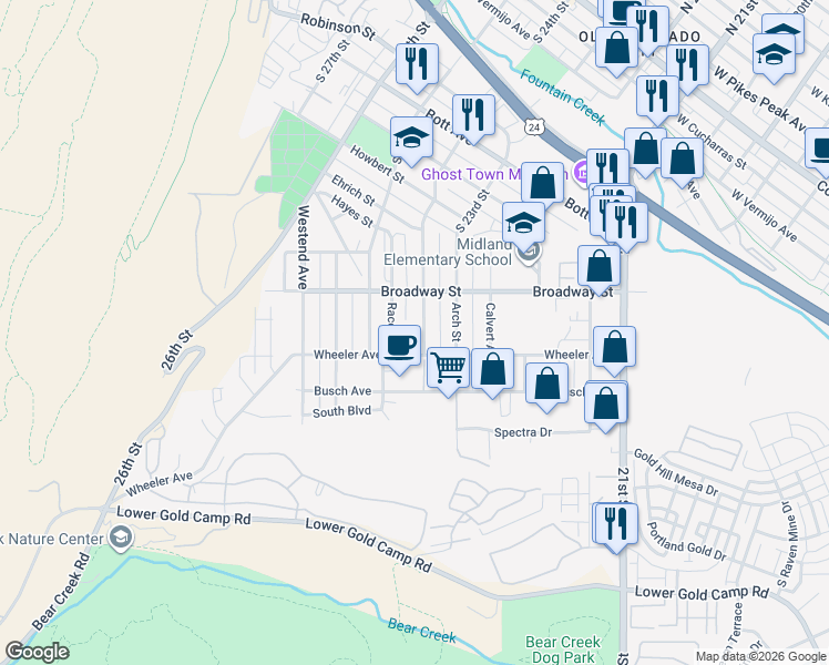 map of restaurants, bars, coffee shops, grocery stores, and more near 1347 Race Street in Colorado Springs