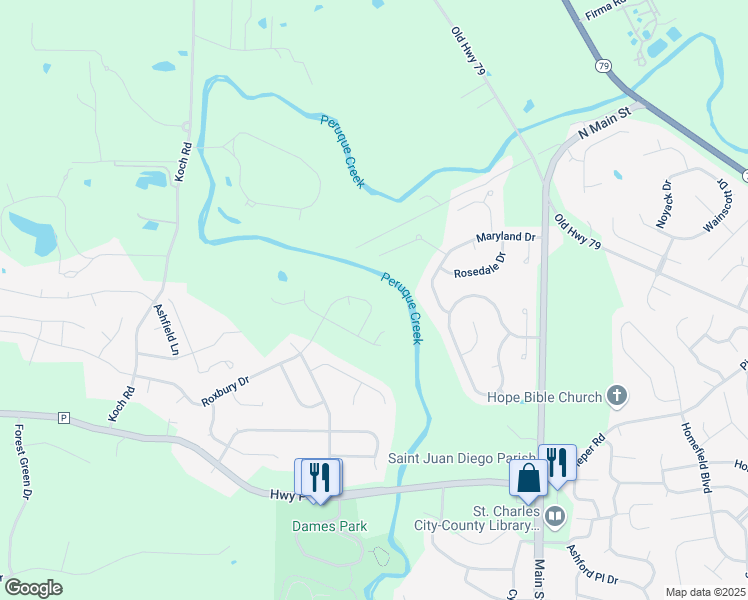 map of restaurants, bars, coffee shops, grocery stores, and more near 123 Roxbury Drive in O'Fallon