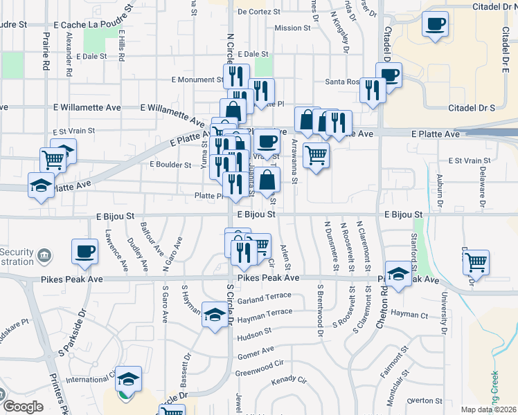 map of restaurants, bars, coffee shops, grocery stores, and more near 304 Tia Juana Street in Colorado Springs