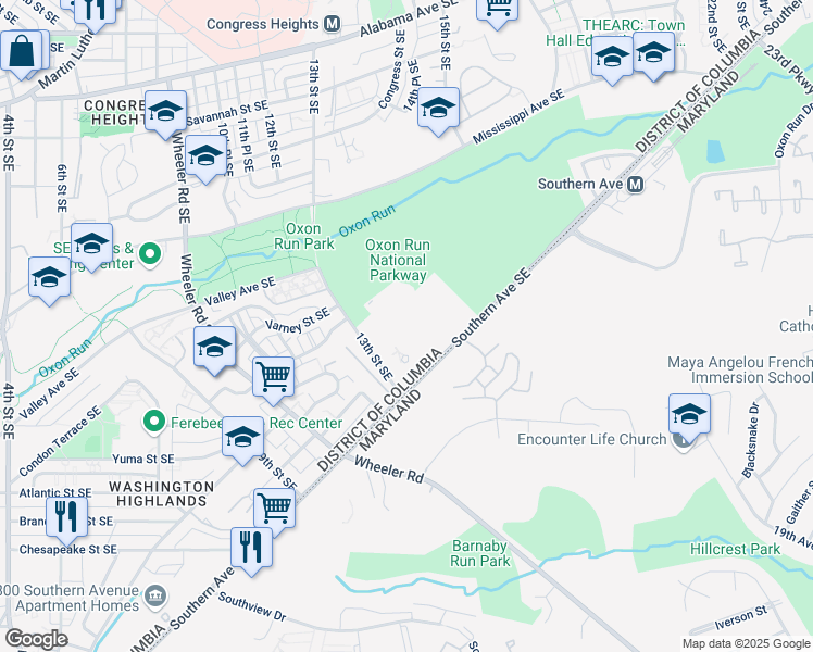 map of restaurants, bars, coffee shops, grocery stores, and more near 1310 Southern Avenue Southeast in Washington