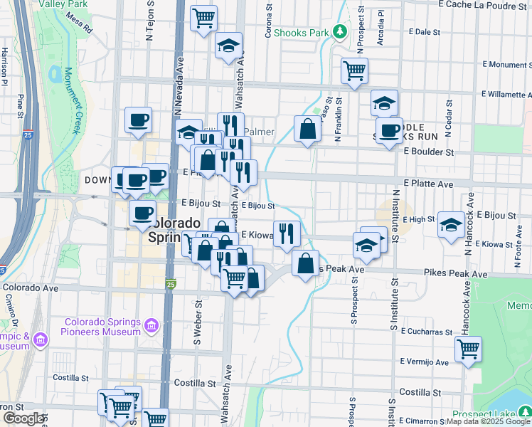 map of restaurants, bars, coffee shops, grocery stores, and more near 439 East Bijou Street in Colorado Springs