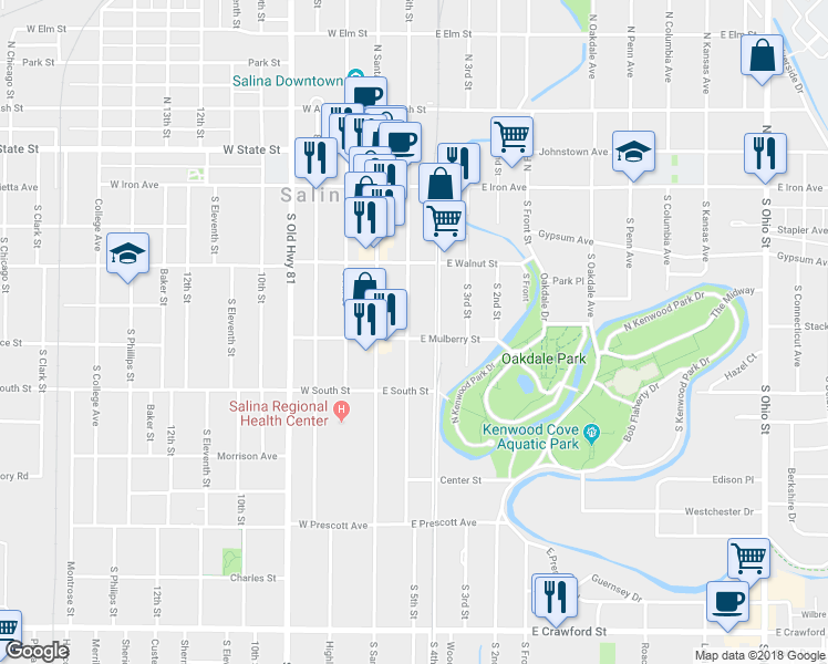 map of restaurants, bars, coffee shops, grocery stores, and more near 257 South 5th Street in Salina