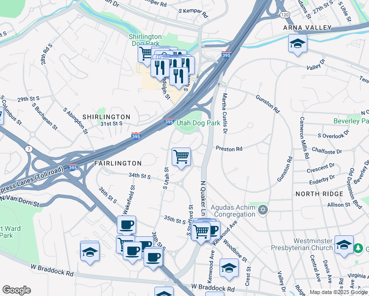map of restaurants, bars, coffee shops, grocery stores, and more near 4247 32nd Road South in Arlington
