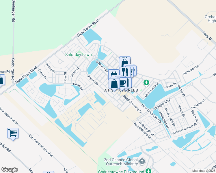 map of restaurants, bars, coffee shops, grocery stores, and more near 3212 Domain Street in Saint Charles