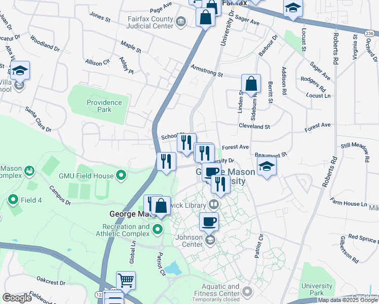 map of restaurants, bars, coffee shops, grocery stores, and more near 4422 George Mason Boulevard in Fairfax
