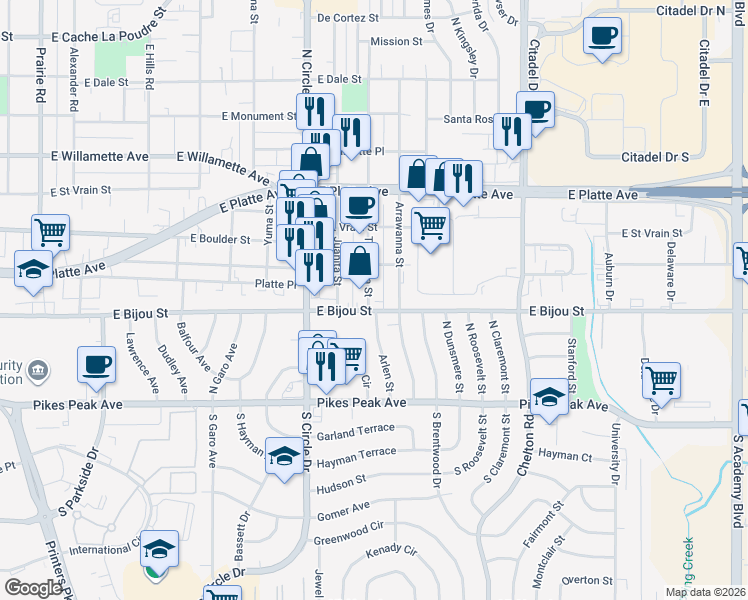map of restaurants, bars, coffee shops, grocery stores, and more near 304 Tia Juana Street in Colorado Springs