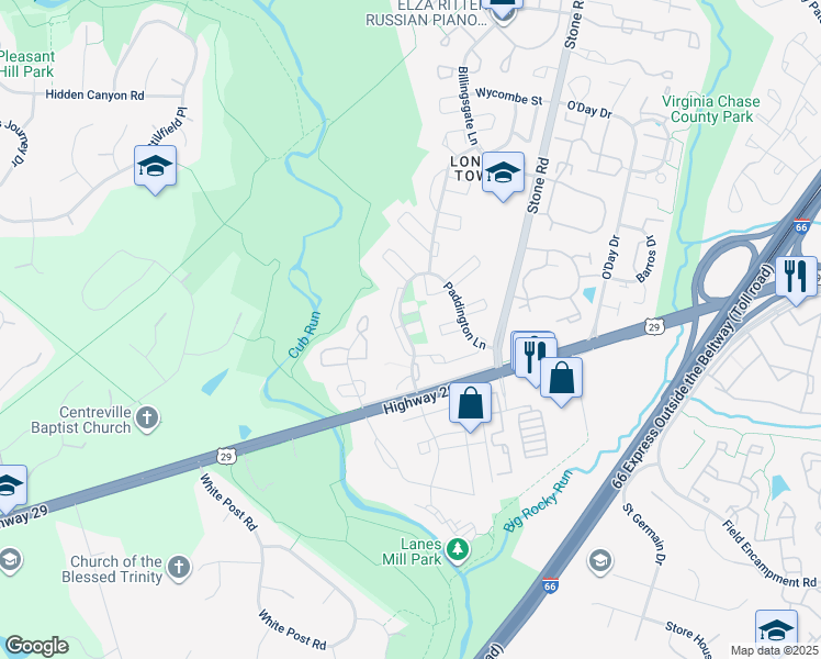 map of restaurants, bars, coffee shops, grocery stores, and more near 14839 Hoxton Square in Centreville