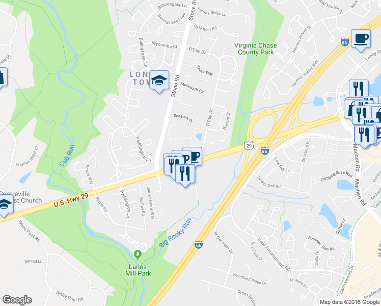 map of restaurants, bars, coffee shops, grocery stores, and more near 6237 Frosty Winter Court in Centreville