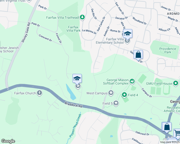 map of restaurants, bars, coffee shops, grocery stores, and more near 4530 Andes Drive in Fairfax