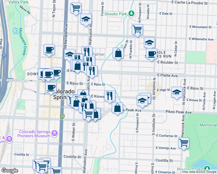 map of restaurants, bars, coffee shops, grocery stores, and more near 509 East Bijou Street in Colorado Springs