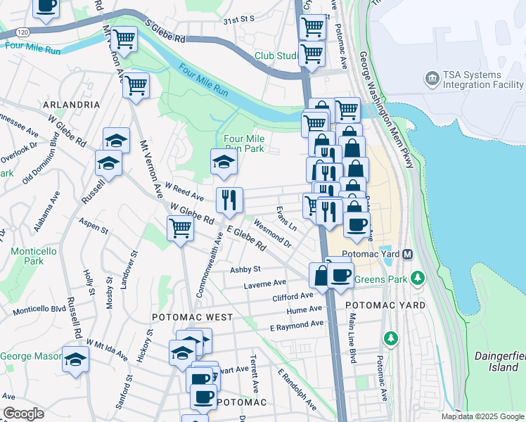map of restaurants, bars, coffee shops, grocery stores, and more near 132 Lynhaven Drive in Alexandria