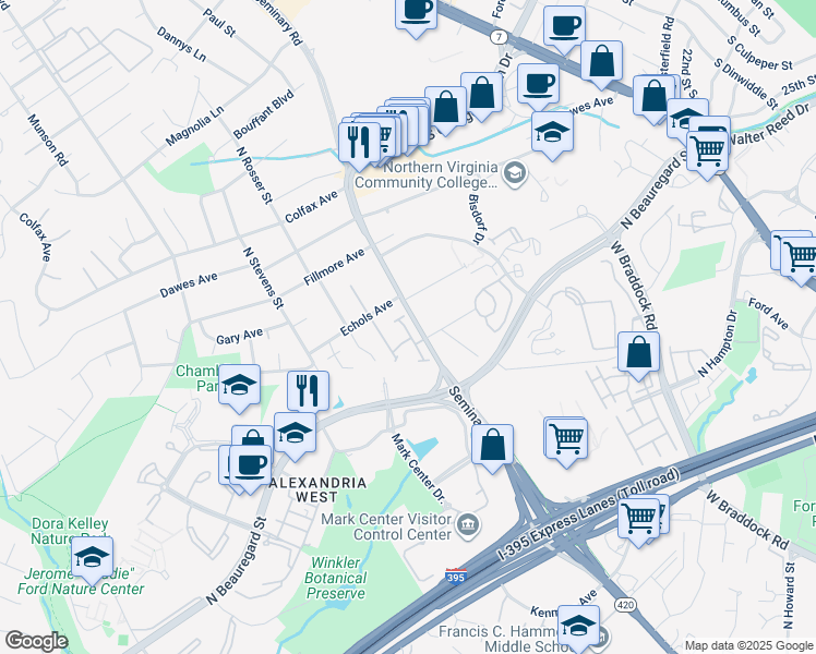 map of restaurants, bars, coffee shops, grocery stores, and more near 5131 Heritage Lane in Alexandria