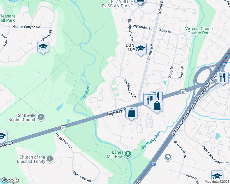 map of restaurants, bars, coffee shops, grocery stores, and more near 14839 Hoxton Square in Centreville