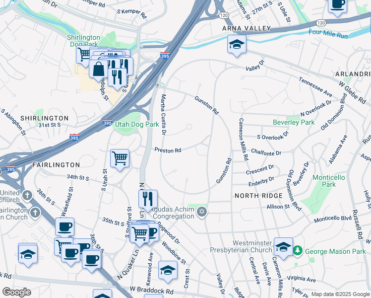 map of restaurants, bars, coffee shops, grocery stores, and more near 1642 Preston Road in Alexandria