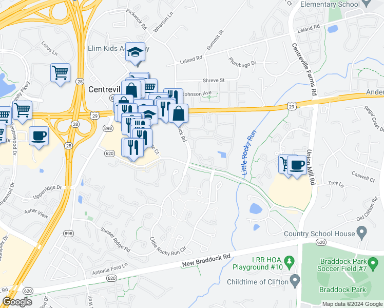 map of restaurants, bars, coffee shops, grocery stores, and more near 13633 Bent Tree Circle in Centreville