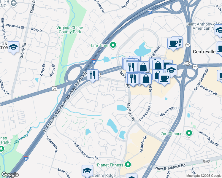 map of restaurants, bars, coffee shops, grocery stores, and more near 6074 Wicker Lane in Centreville