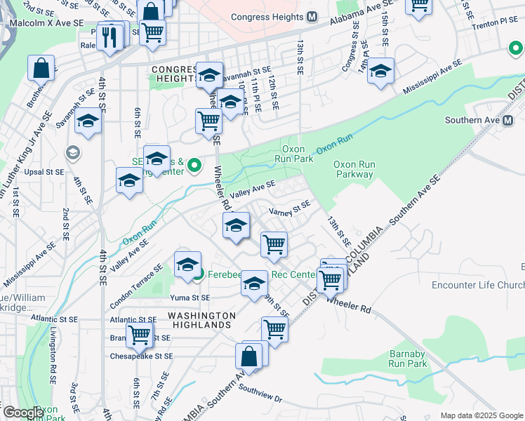 map of restaurants, bars, coffee shops, grocery stores, and more near 912 Varney Street Southeast in Washington