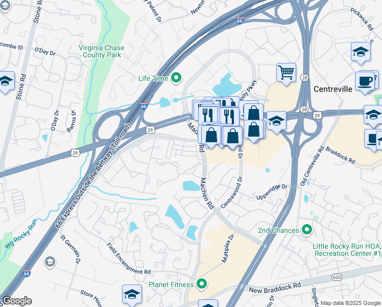map of restaurants, bars, coffee shops, grocery stores, and more near 14259 Woven Willow Lane in Centreville