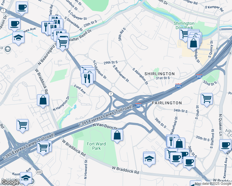 map of restaurants, bars, coffee shops, grocery stores, and more near 3004 South Columbus Street in Arlington