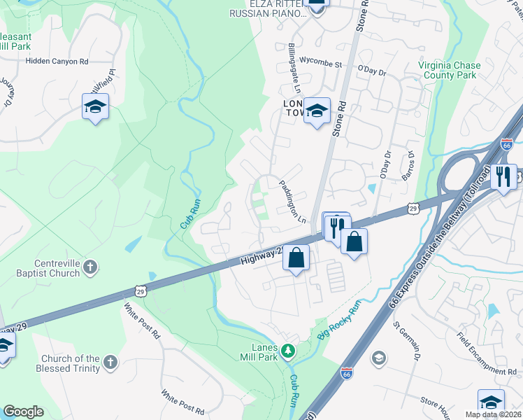 map of restaurants, bars, coffee shops, grocery stores, and more near 14833 Hoxton Square in Centreville