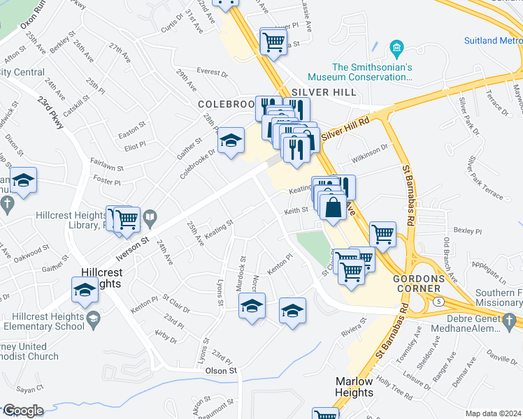 map of restaurants, bars, coffee shops, grocery stores, and more near 2715 Keating Street in Temple Hills