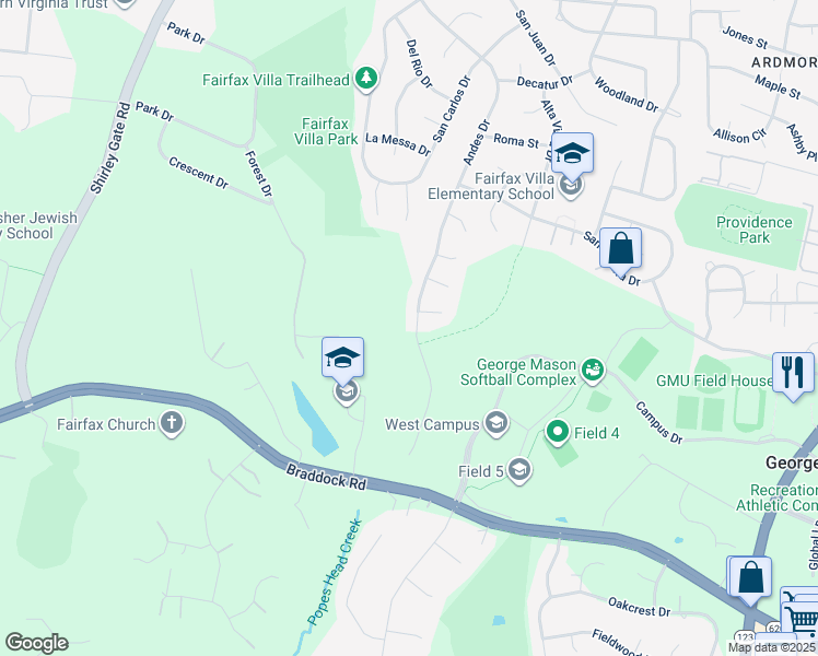 map of restaurants, bars, coffee shops, grocery stores, and more near 4530 Andes Drive in Fairfax