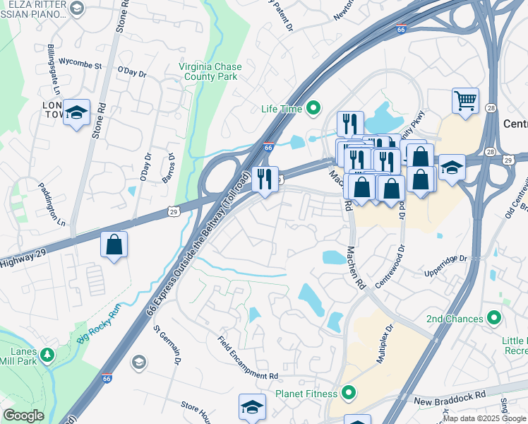 map of restaurants, bars, coffee shops, grocery stores, and more near 14451 Saguaro Place in Centreville